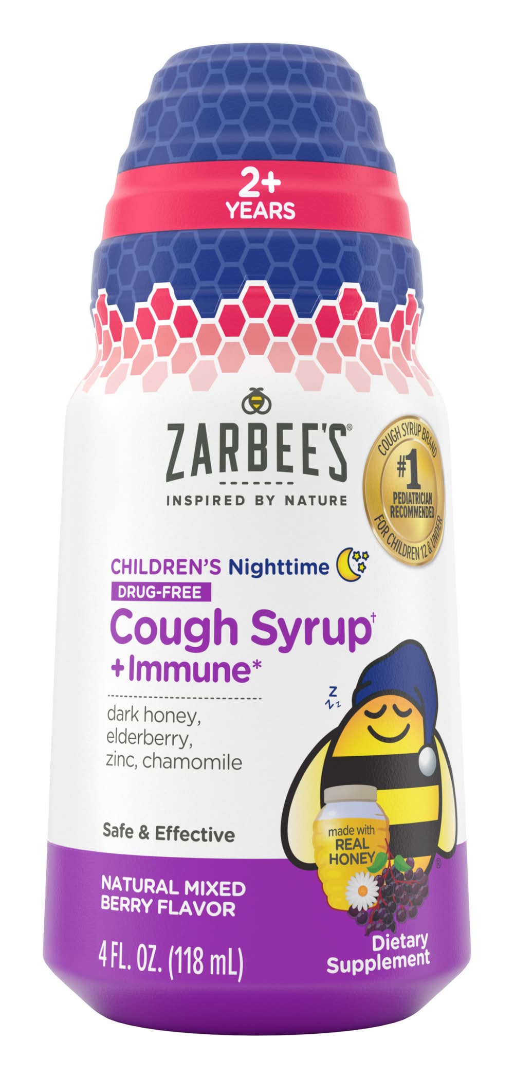 Zarbee's Mixed Berry Kids Cough Syrup + Immune Nighttime Honey, Vitamin D & Zinc Supplement (4 fl oz)