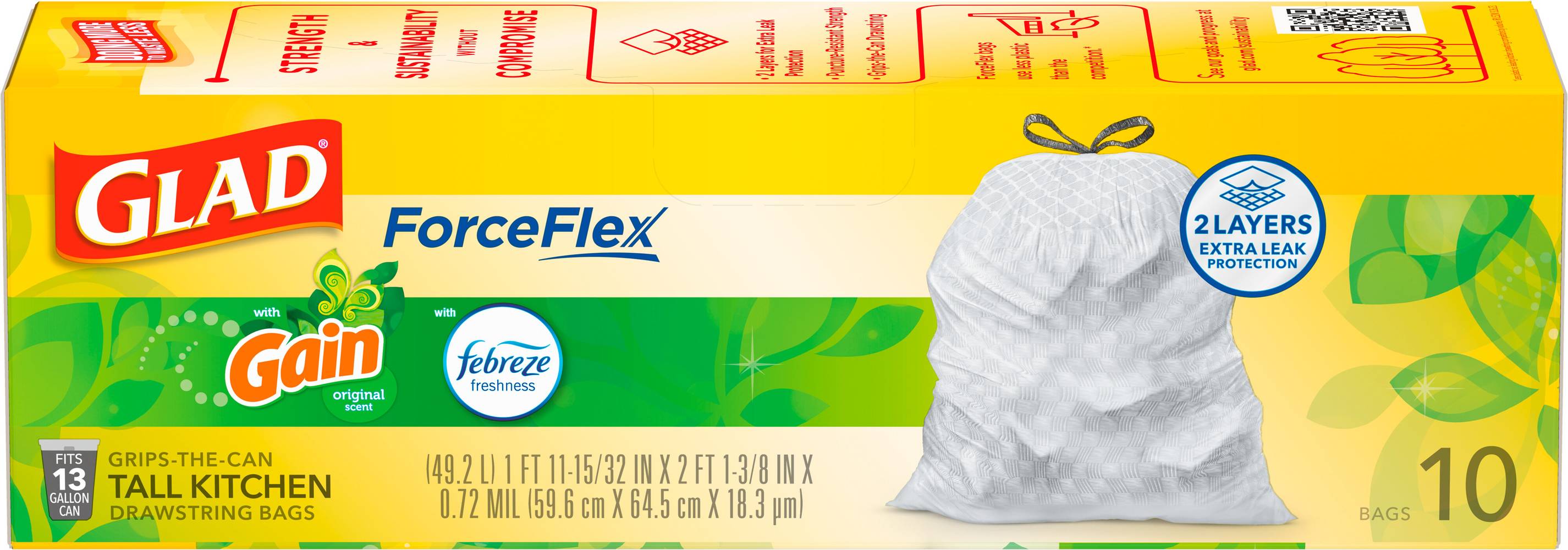 Glad Forceflex Tall Kitchen Drawstring Trash Bags, 59.6 cm X 64.5 cm X 18.3 µm, White (10 ct)