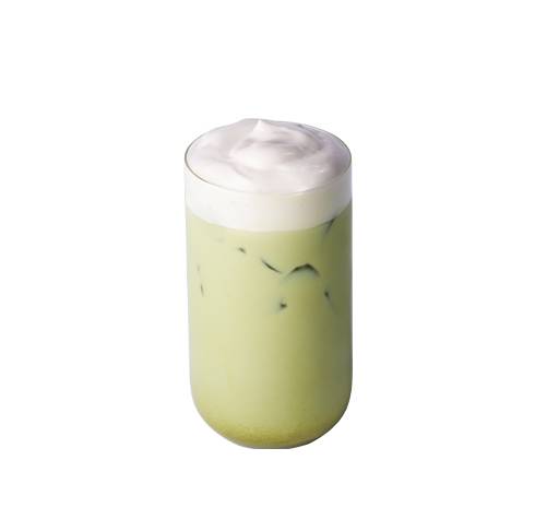 Matcha glacé avec mousse froide fraise et rose