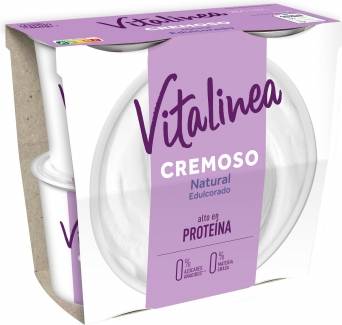 Yogur desnatado cremoso natural edulcorado sin azúcar añadido Danone Vitalinea pack de 4 unidades de 120 g.
