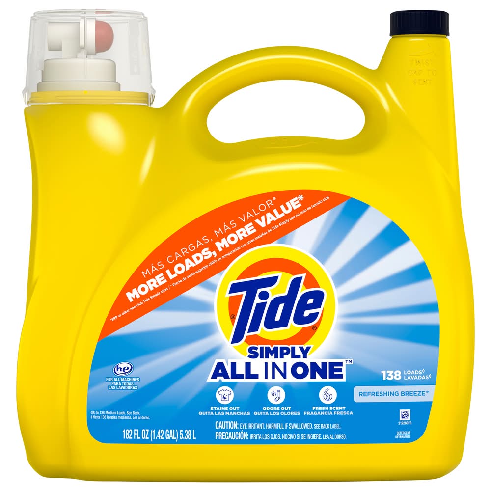 Tide Simply All in One Liquid Laundry Detergent, Refreshing Breeze (182 fl oz)