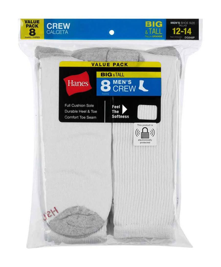 Hanes Men'S Crew Socks- White 8 Pack Big & Tall Shoe Size 12-14