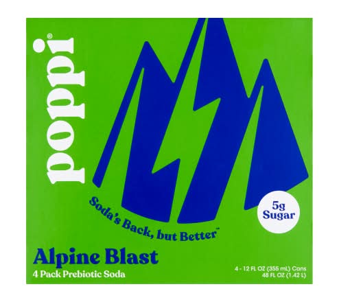 poppi Prebiotic Soda, Alpine Blast (4 x 12 fl oz)
