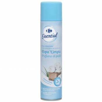 Ambientador spray ropa limpia Essential Carrefour 300 ml.