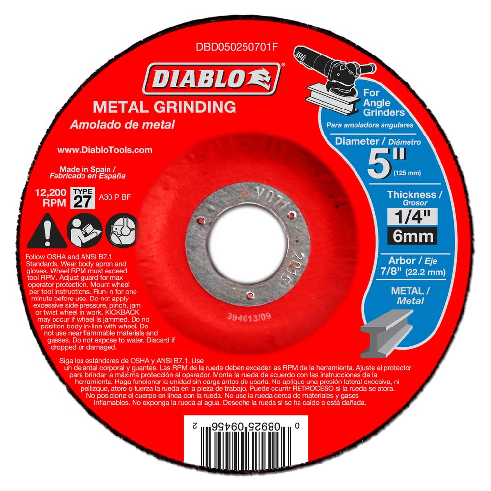 Diablo 5 In. D X 7/8 In. X 1/4 In. Thick Aluminum Oxide Metal Grinding Disc 1 Pc
