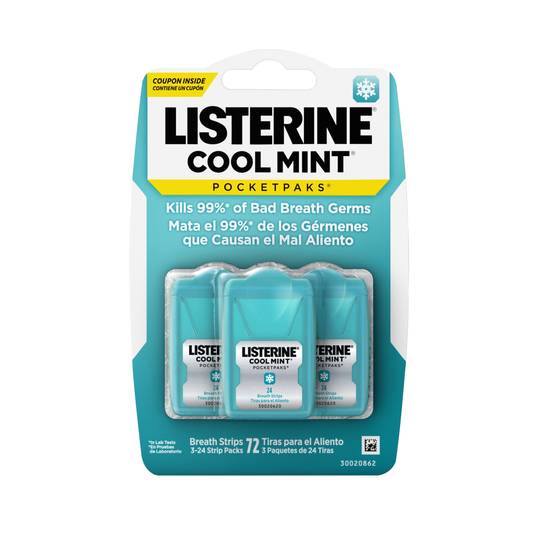 Listerine Pocketpaks Breath Strips, Cool Mint, 24 count, 3 pack