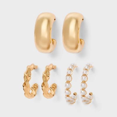 Wild Fable Smooth Twist and Pearl Hoop Earring Set, Gold (3 ct)