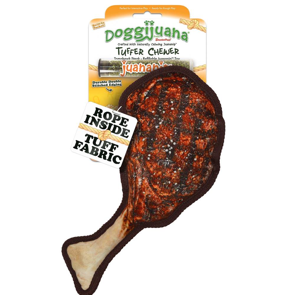 Doggijuana Tuffer Chewer Refillable Tomahawk Steak Toy, Brown