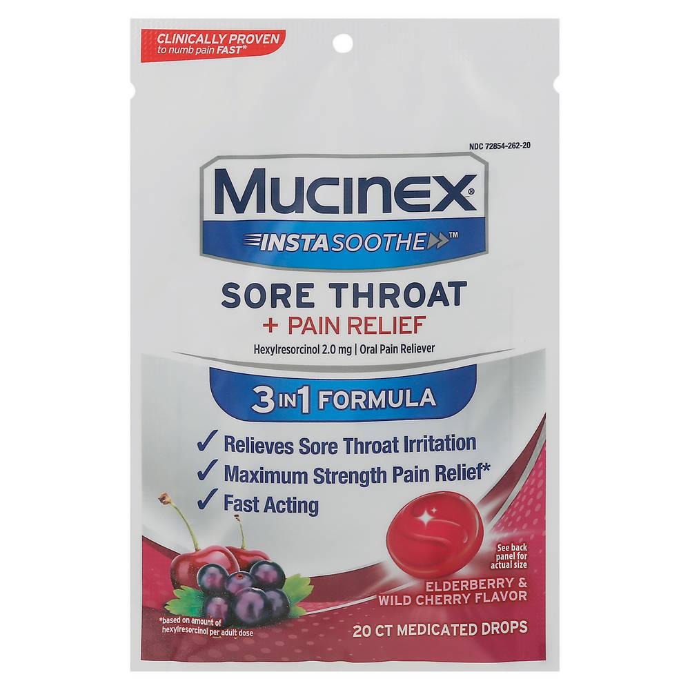 Mucinex Instasoothe Elderberry & Wild Cherry Flavor Sore Throat + Pain Relief Medicated Drops (20 ct)