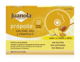 Própolis con miel, zinc y vit C sabor limón y miel en pastillas blandas Juanola sin gluten 24 ud.