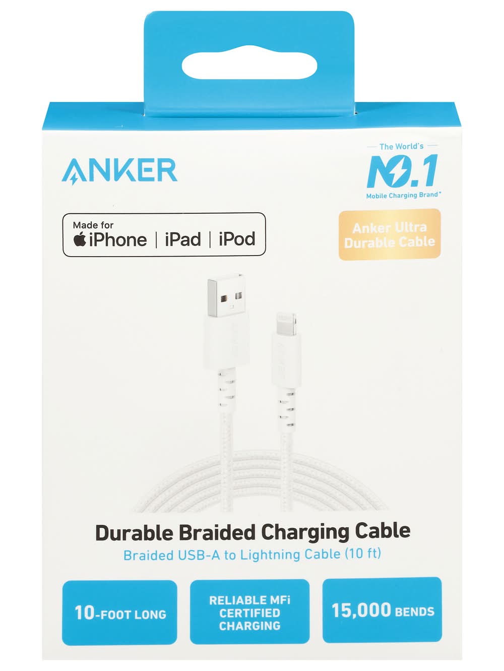 Anker Durable Braided Usb a Charging Cable, 10 ft, White