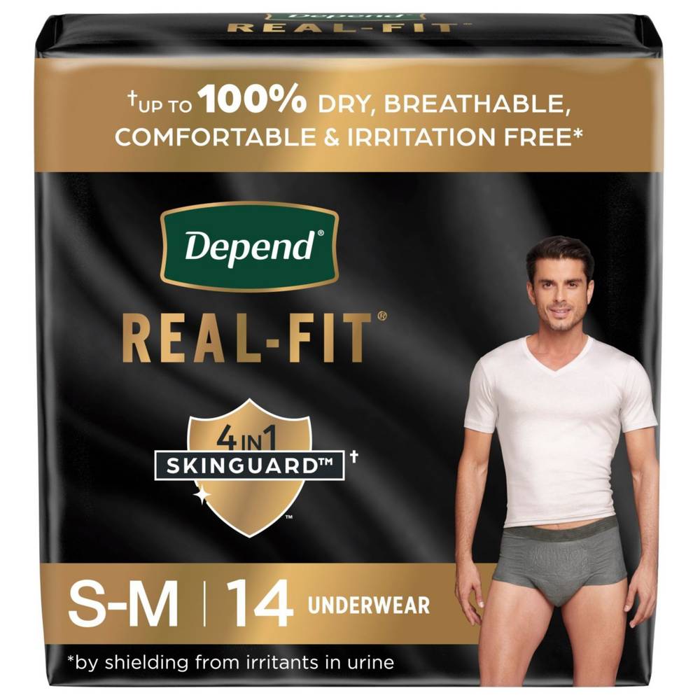 Depend Real Fit Incontinence Underwear For Men Maximum Absorbency, S/M, Black & Grey, 14 Ct