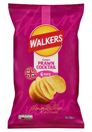 Walkers Prawn Cocktail, Crispy Potato Chips (6 x 25g)