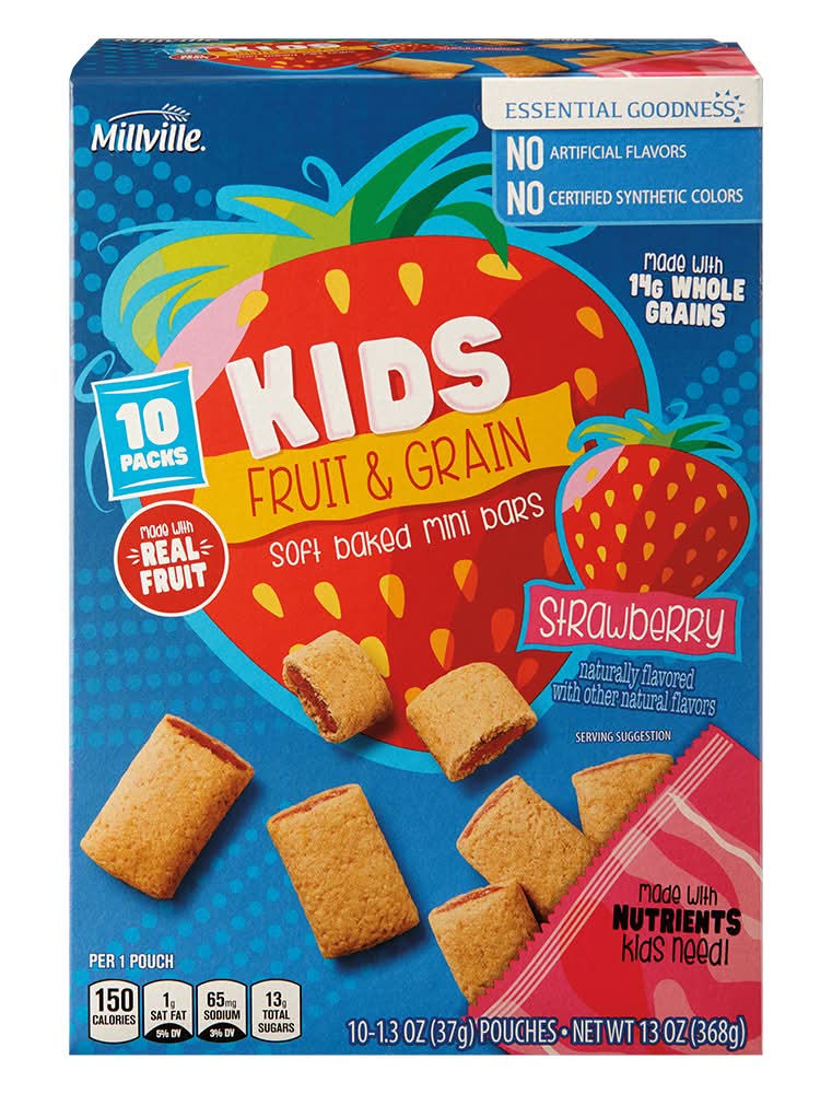 Millville Kids Fruit & Grain Mini Bars, Strawberry (10 x 1.3 oz)