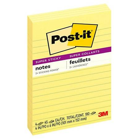 Post-It Super Sticky Notes, 4 in X 6 In, Canary Yellow, Lined
