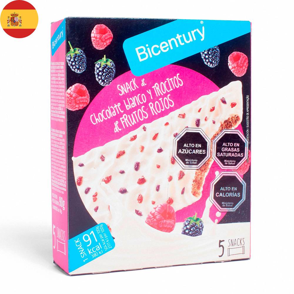Bicentury snack barra chocolate blanco y frutos rojos (caja 5 u x 18 g c/u)