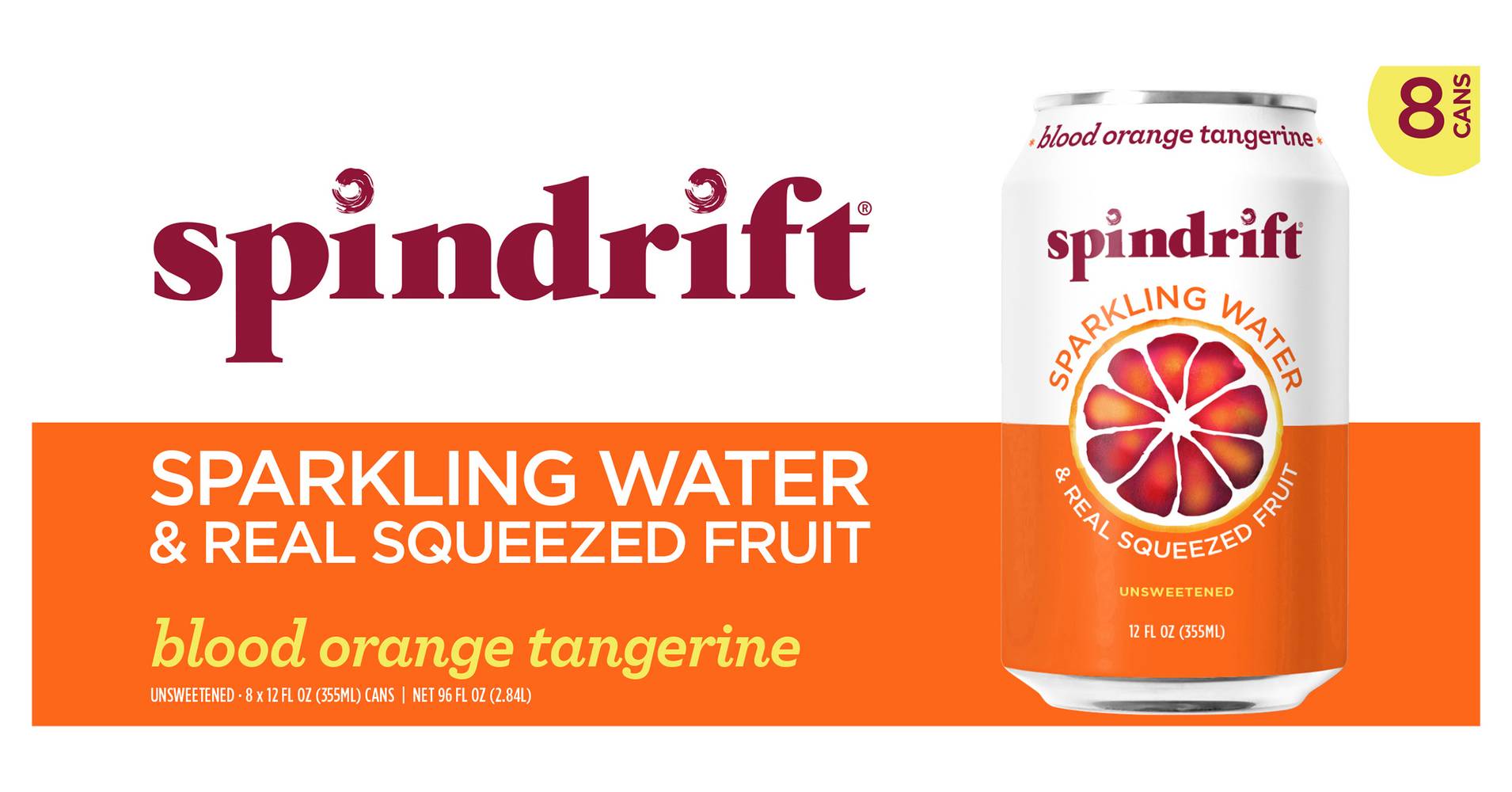Spindrift Real Squeezed Fruit Sparkling Water, Blood Orange Tangerine (8 x 12 fl oz)