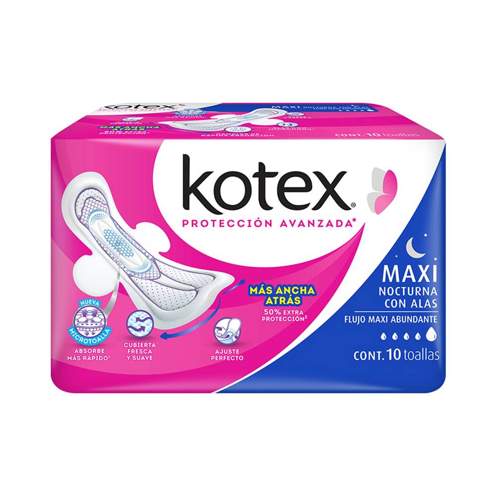 Kotex toallas maxi con alas flujo abundante (10 piezas)