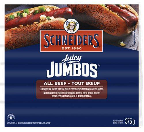 Schneiders · Juicy jumbos all beef wieners - Saucisses fumées tout bœuf juteuses (375 g - 375g)