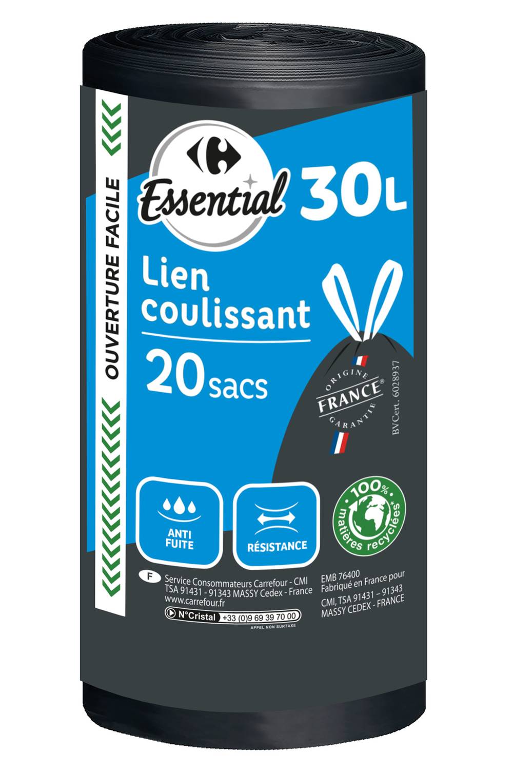 Carrefour Essential - Sacs poubelle à lien coulissant 30l (50 x 65 cm) (20 pièces)