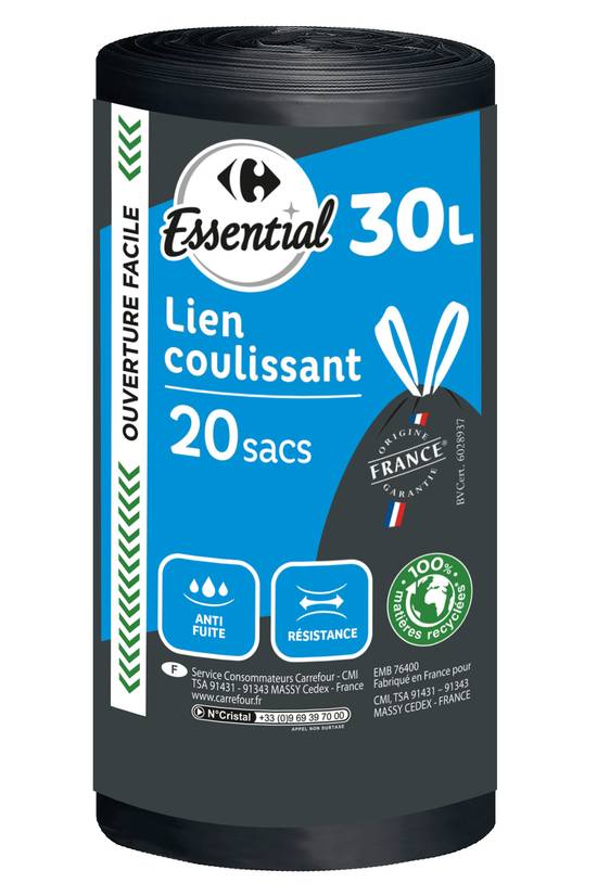 Carrefour Essential - Sacs poubelle à lien coulissant 30l (50 x 65 cm) (20 pièces)