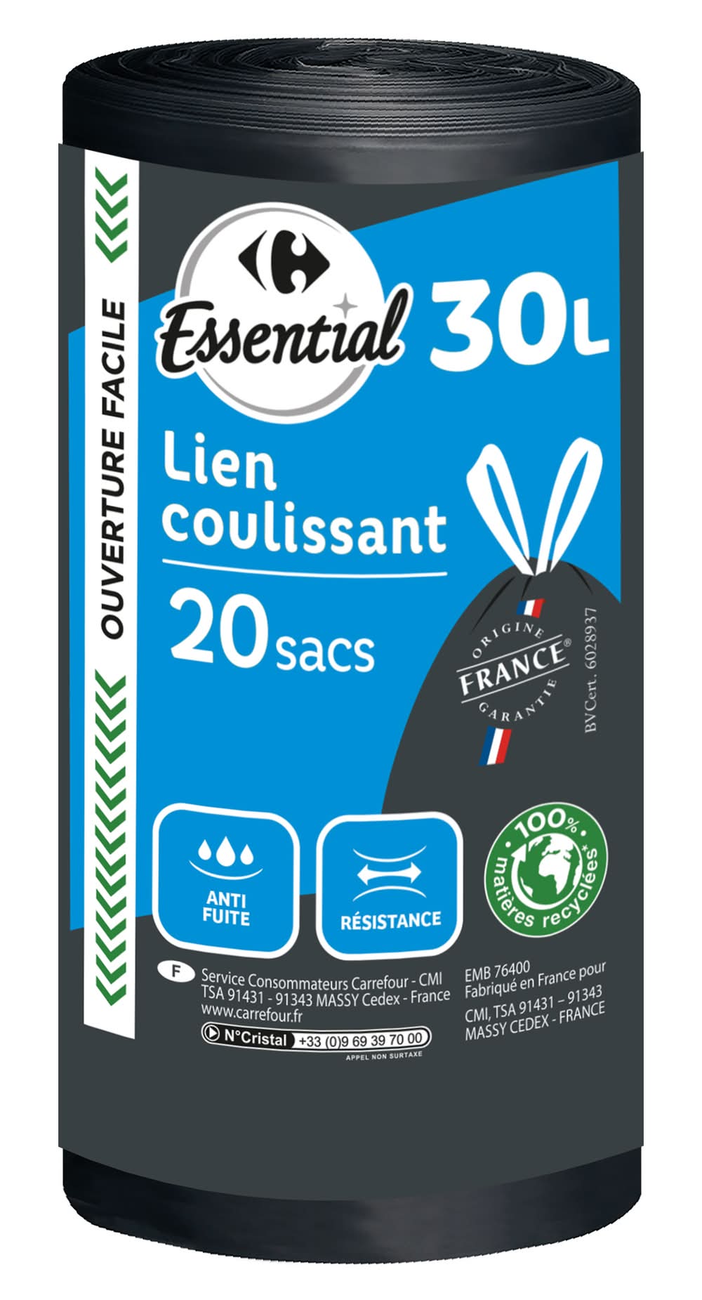 Carrefour Essential - Sacs poubelle à lien coulissant 30l, 50x65 cm (20)