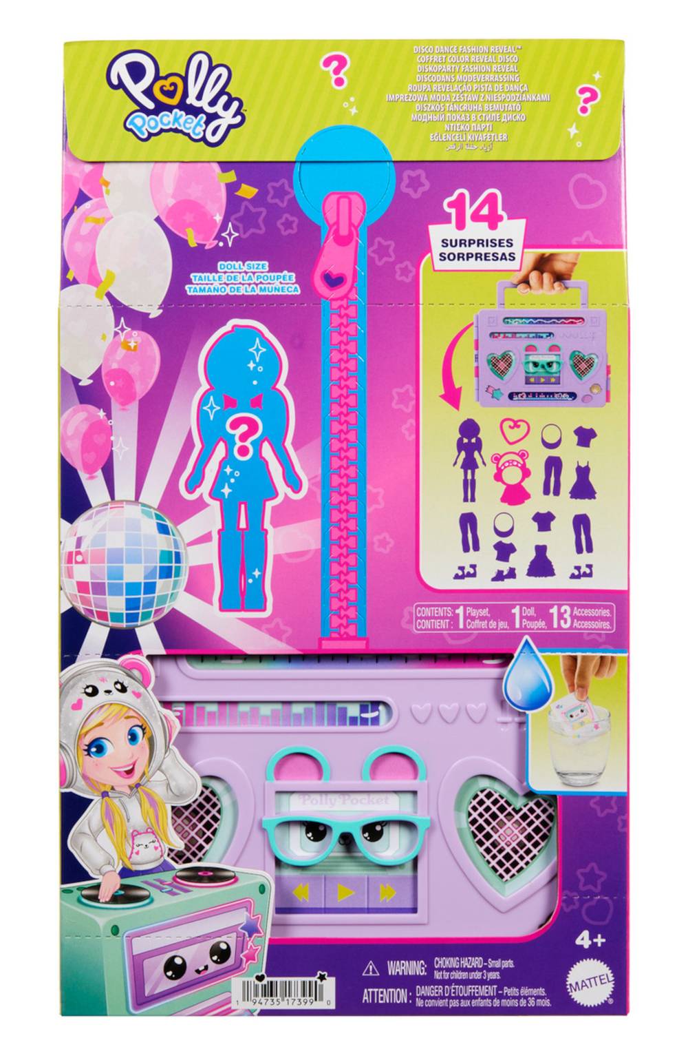 Polly pocket coffret de jeu et poupée révélation tenues danse disco dès 4 ans (14 unités) - polly pocket disco dance fashion reveal doll and playset with unboxing surprise and water play, size 4y, multicolor