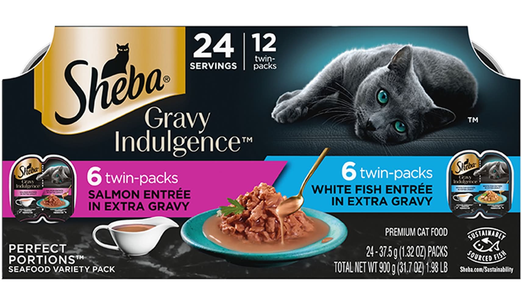 SHEBA Perfect Portions Gravy Indulgence - Salmon, White Fish, 31.7 OZ (Flavor: Variety Pack, Size: 12 Count)