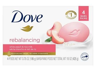 Dove Rebalancing Beauty Bar Soap, White Peach & Rice Milk (3.75 oz, 4 ct)