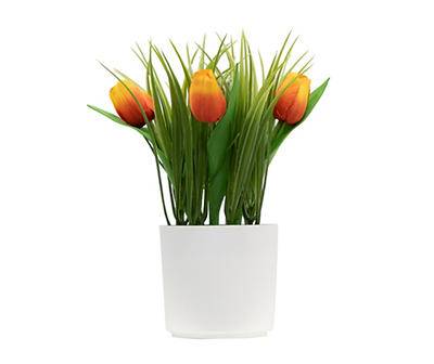 Artificial Orange Tulips in White Plastic Planter