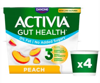 Activia Peach, Gut Health 0% Fat No Added Sugar Yogurt (4 x 115g)