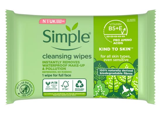 Simple Kind To Skin 100% Naturally Derived Vitamin B5 + E Biodegradable Cleansing Face Wipes (25 pack)