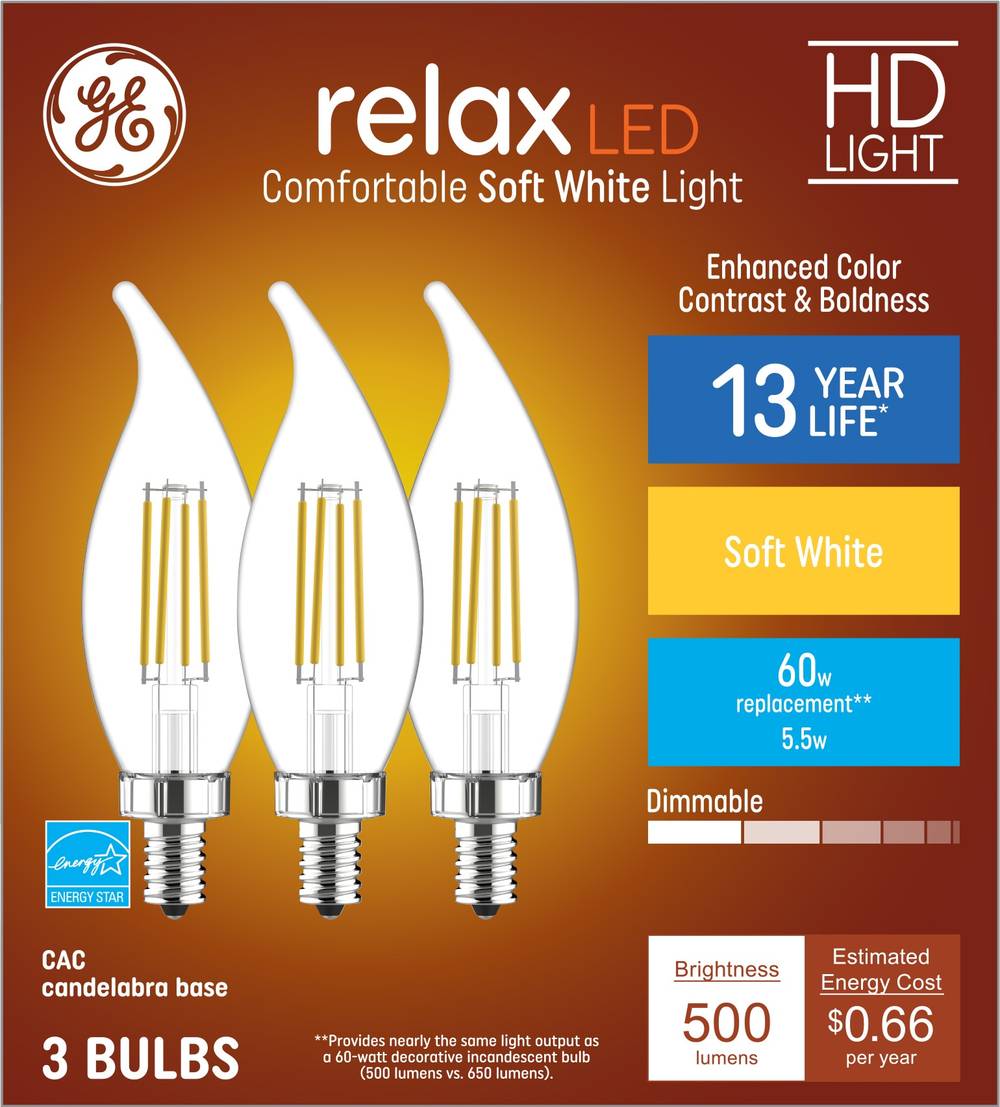 GE Relax HD 60-Watt EQ CA12 Soft White Candelabra Base (e-12) Dimmable LED Decorative Light Bulb (3-Pack) | 42237