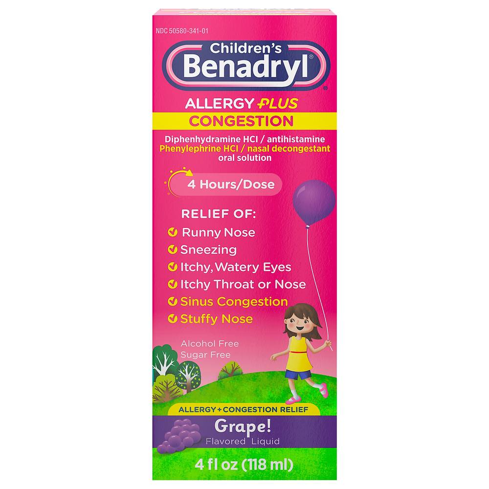 Benadryl Children's Liquid Grape Flavored Allergy Plus Congestion (4 fl oz)