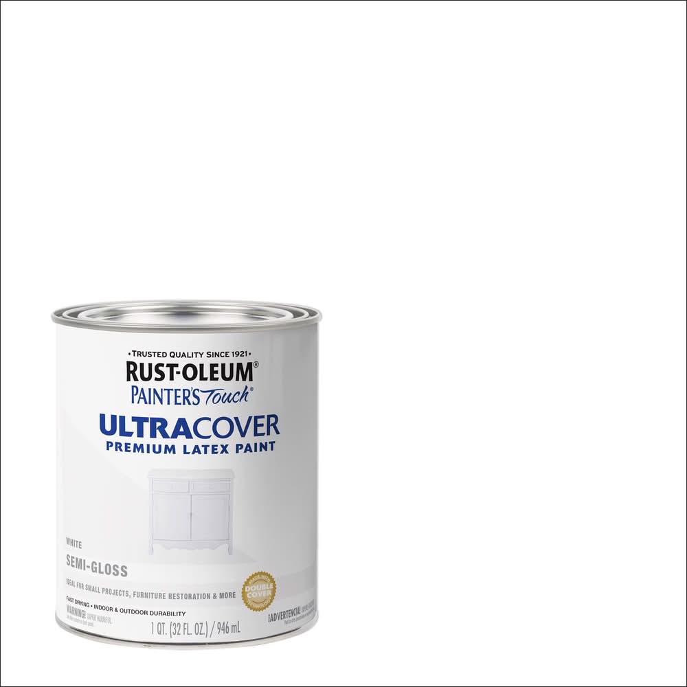 Rust-Oleum Painters Touch Ultra Cover Semi-Gloss White Water-Based Paint Exterior And Interior 1 Qt