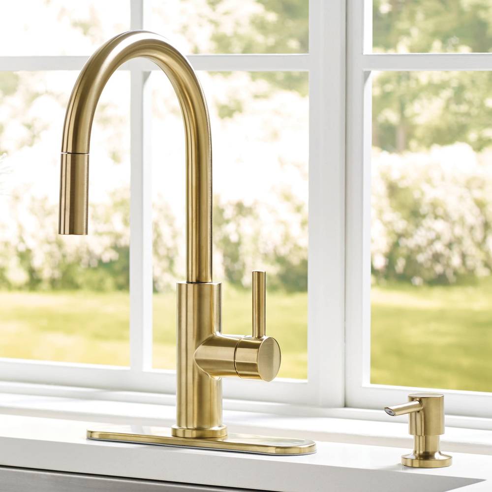 allen + roth Harlow Brushed Gold Single Handle Deck-mount Pull-down Kitchen Faucet with Sprayer ( Deck Plate Included ) (Soap Dispenser Included) | 67894W-114408