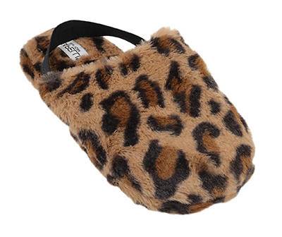 Women's S Tan Leopard Print Faux Fur Heel-Strap Slippers