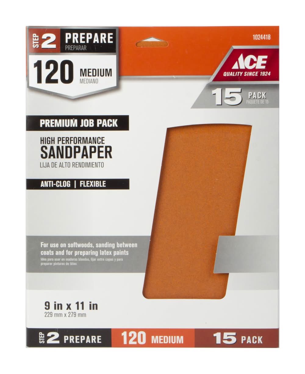 ACE 11 In. L X 9 In. W 120 Grit Aluminum Oxide All Purpose Sandpaper 15 Pk