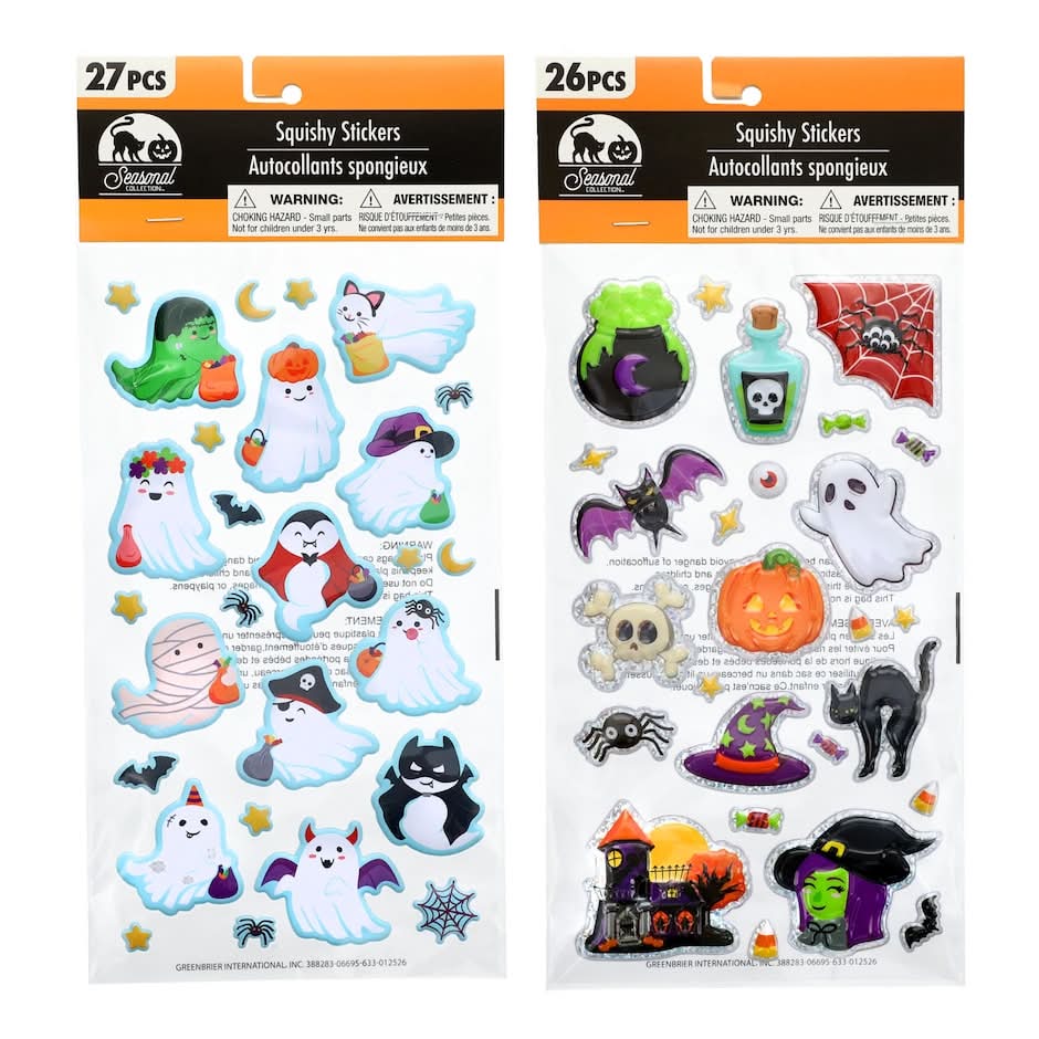 Seasonal Collection Squishy Stickers, Assorted Styles, 26-pc And 27-pc Packs.