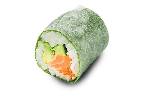 Green roll Saumon, Salade, Concombre, Avocat, Coriande, Menthe et Sauce Spicy Mayo