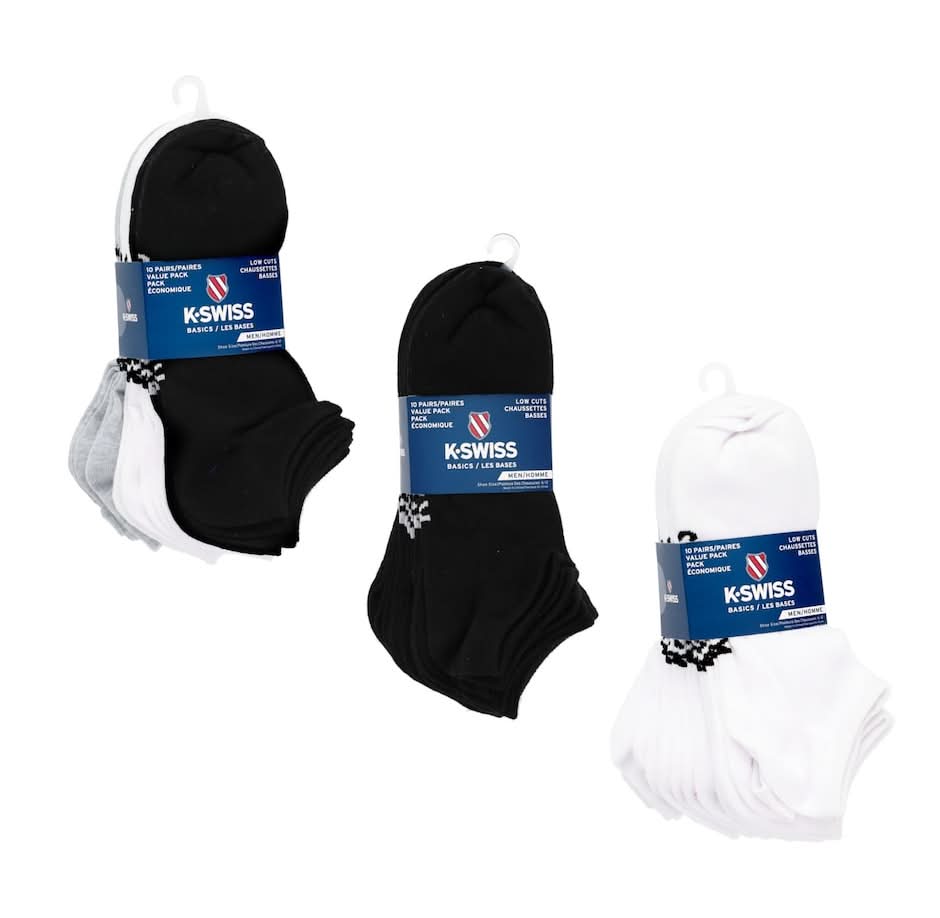 Kswiss Basics Men's Low Cut Socks Sizes 6-12, Assorted Colors, 10-pair Pack.