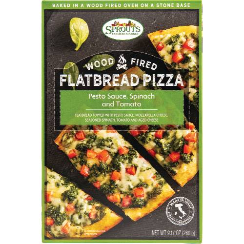 Sprouts Pesto Sauce, Spinach and Tomato Flatbread Pizza