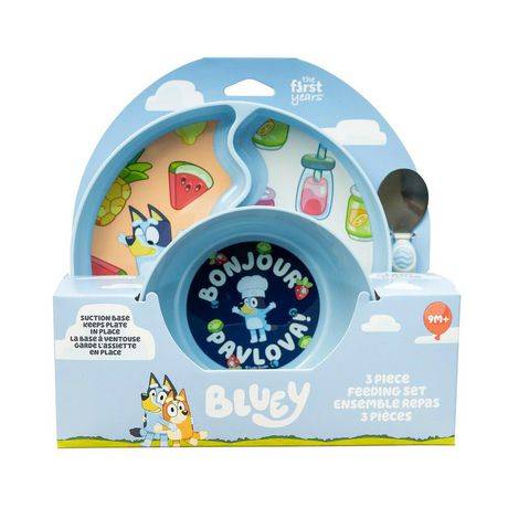 The First Years Bluey 3-piece Mealtime Set With Divided Suction Plate Bowl and Spoon (3 ct)