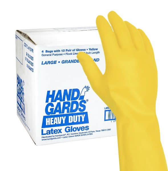 Handgards Latex Reusable All-Purpose Gloves, Large, Yellow (4 x 12 ct)