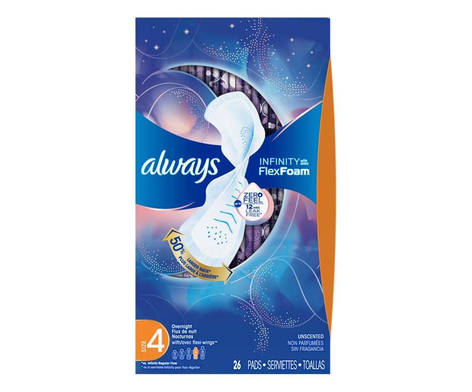 Always Infinity Size 4 Overnight Sanitary Pads With Wings (26 units, unscented)