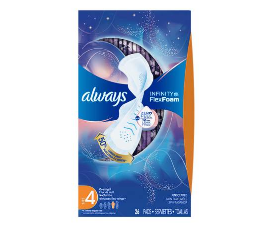 Always Infinity Size 4 Overnight Sanitary Pads With Wings (26 units, unscented)