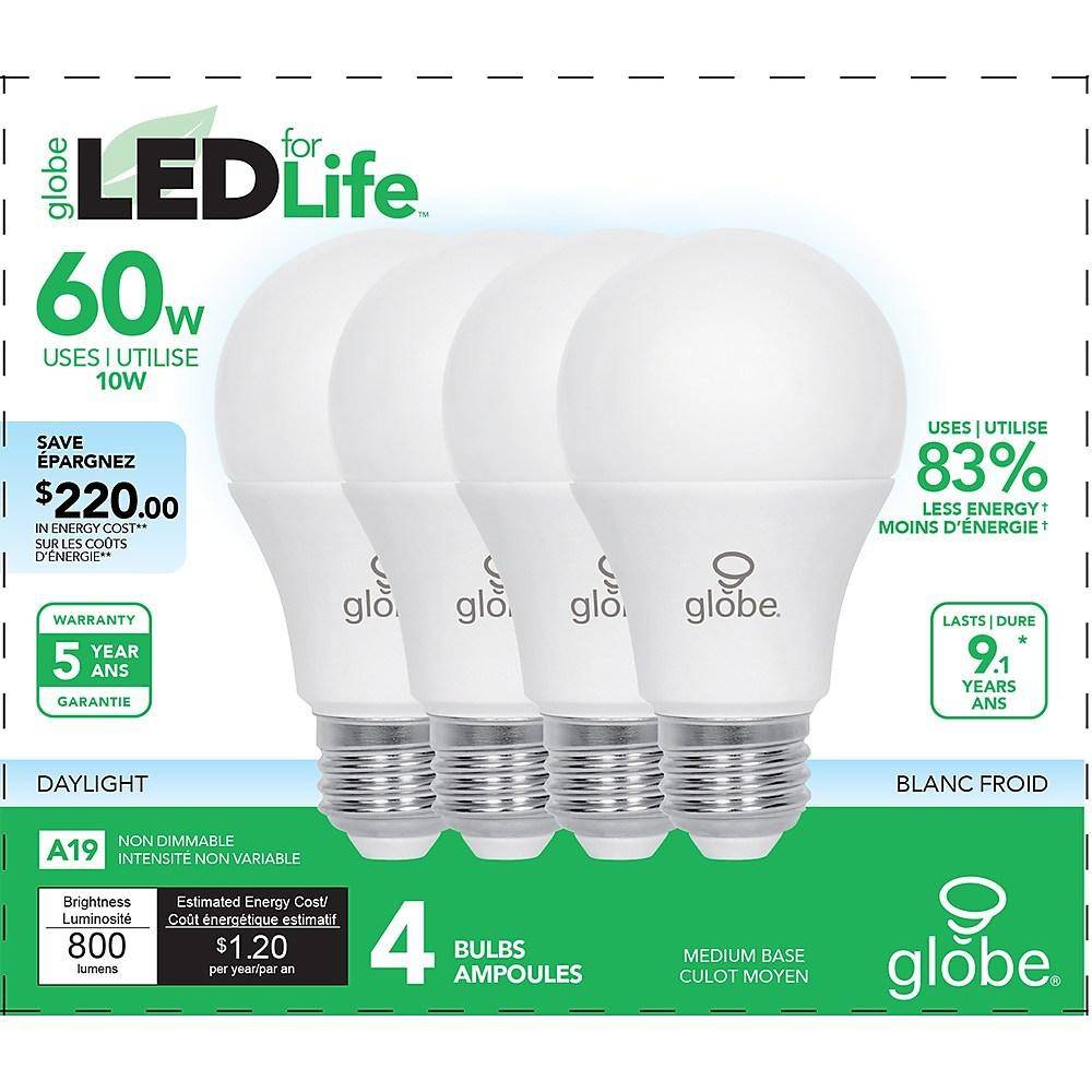 Globe electric globe ampoule del 60w a19 (4 unités, blanc froid) - 10w a19 led light bulb, 60w eq, day light  (4/pack)