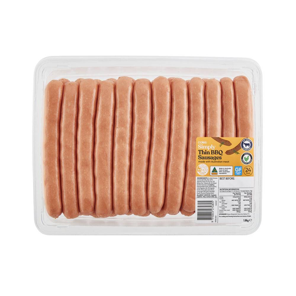 Coles Simply Thin Bbq Sausages 24 pack 1.8kg