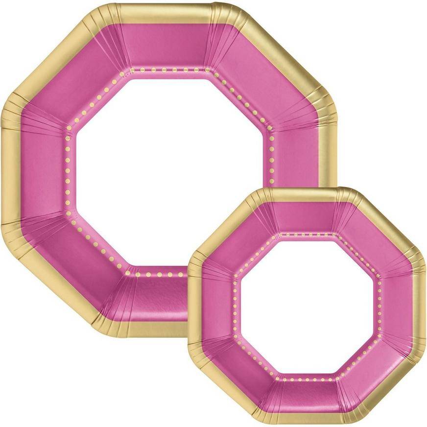 Octoganal Premium Paper Dinner (10.25in) Dessert (7.5in) Plates with Bright Pink Gold Border , 20ct