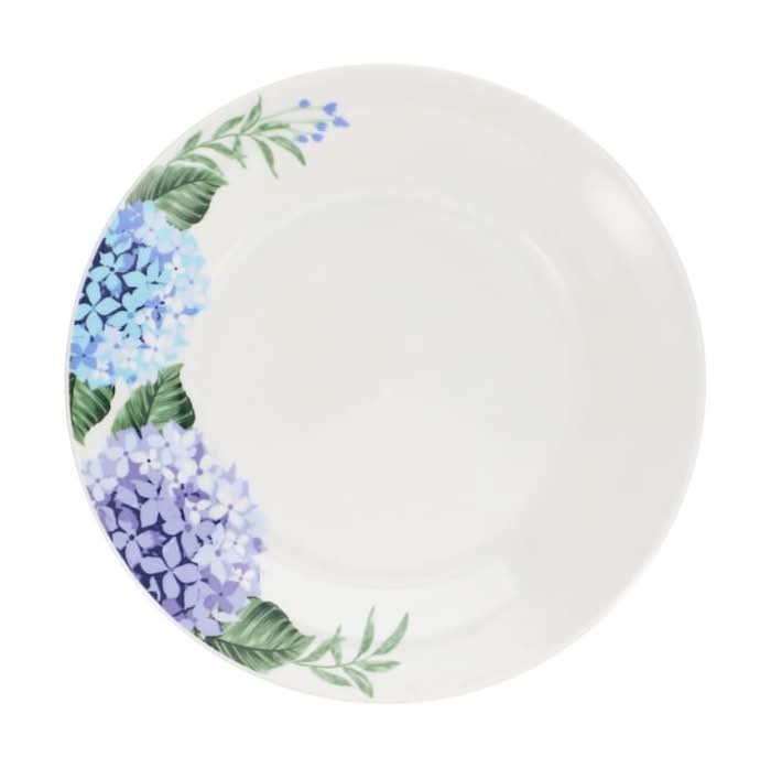 Blue Hydrangea-Printed White Stoneware Plate, 7.5 in